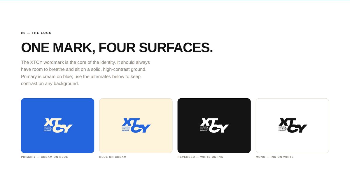 The XTCY wordmark across four surfaces